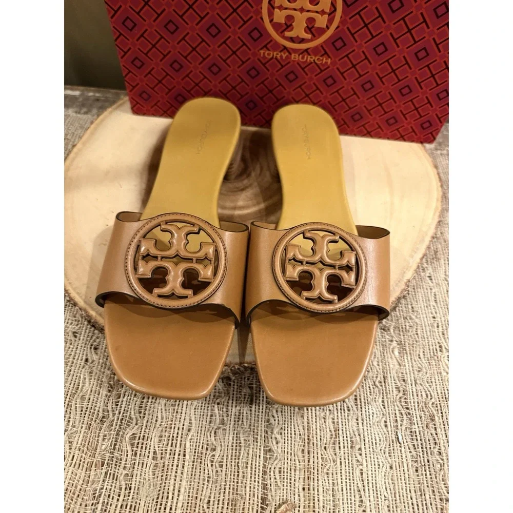 TORY BURCH Bombe Miller Slide Leather Sandal Carmel &‎ Yellow SZ 9.5 New Rt-298$